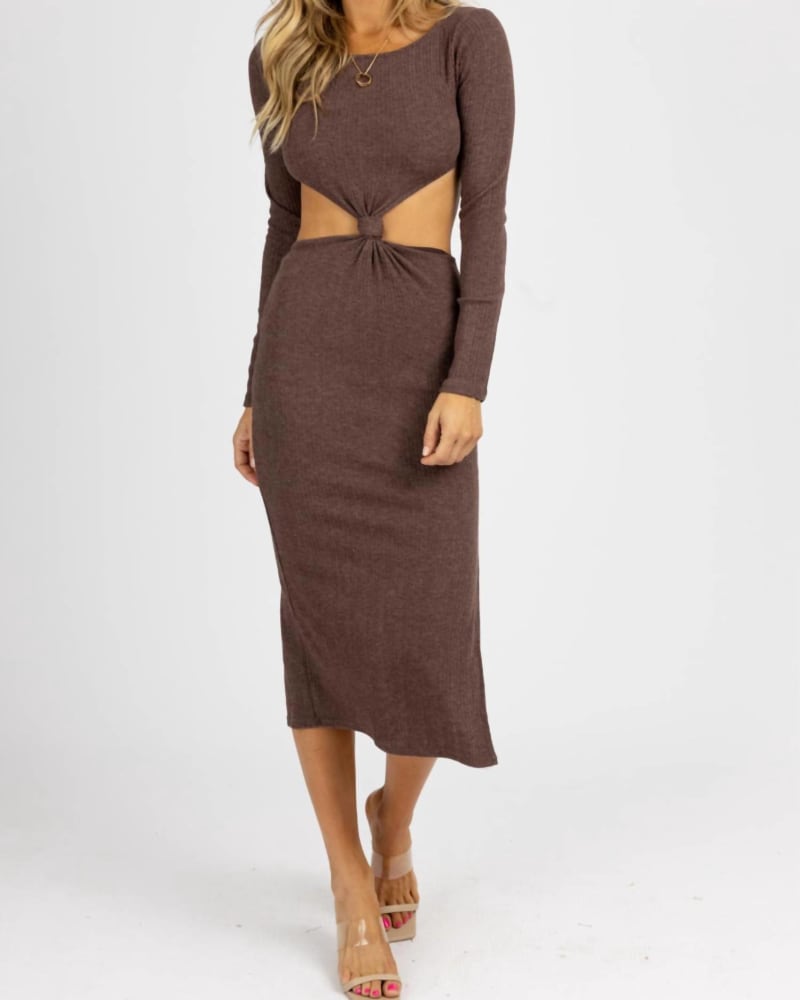 Front of a model wearing a size L Long Sleeve Front Twist Midi Dress In Chocolate in Chocolate by PAPERMOON. | dia_product_style_image_id:359576